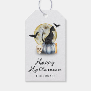 Gruseliger Halloween-Kater-Kürbis Geschenkanhänger