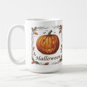 Gruseliger Halloween-Kürbis-Herbstblattrahmen Kaffeetasse