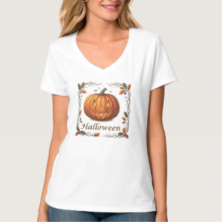 Gruseliger Halloween-Kürbis-Herbstblattrahmen T-Shirt