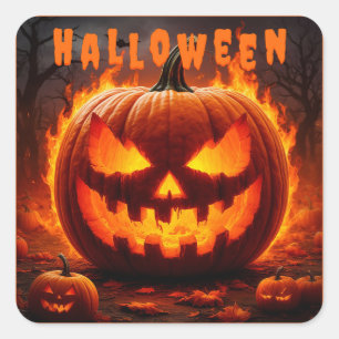 Gruseliger Halloween-Kürbis mit Flamme Quadratischer Aufkleber