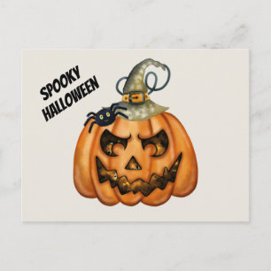 Gruseliger Halloween-Kürbis mit Spinne Postkarte