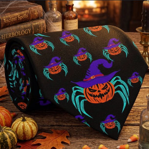 Gruseliger Halloween-Kürbis-Spinne-und-Hexenhut-Ku Krawatte