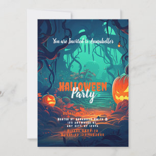 Gruseliger Halloween-Kürbislaternen-Waldparty Einladung