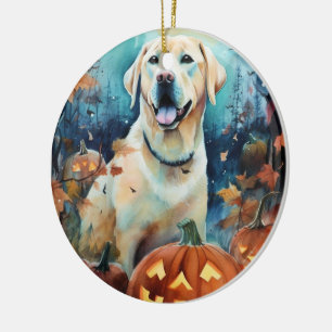 Gruseliger Halloween-Labrador mit Kürbissen Keramik Ornament
