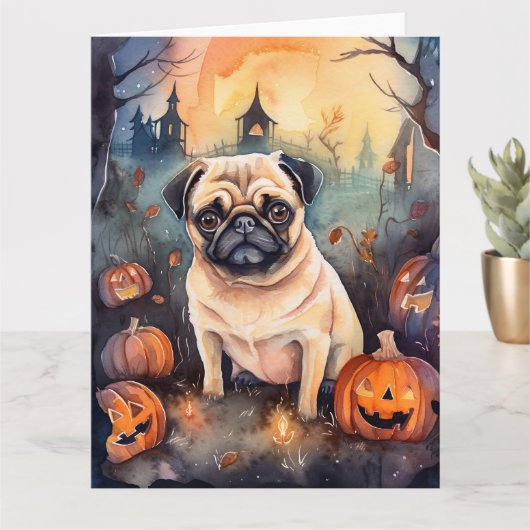 Gruseliger Halloween-Mops mit Kürbissen Karte (Kleine Pflanze)