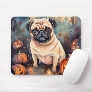 Gruseliger Halloween-Mops mit Kürbissen Mousepad