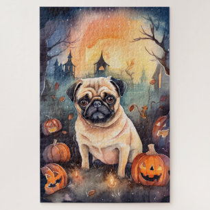Gruseliger Halloween-Mops mit Kürbissen Puzzle