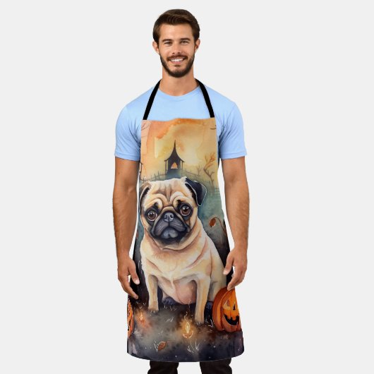 Gruseliger Halloween-Mops mit Kürbissen Schürze (Getragen)