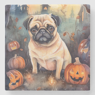 Gruseliger Halloween-Mops mit Kürbissen Steinuntersetzer