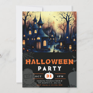 Gruseliger Halloween-Ort mit Häusern und Kürbissen Einladung