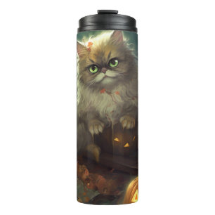 Gruseliger Halloween-Perserkatze mit Kürbissen Thermosbecher