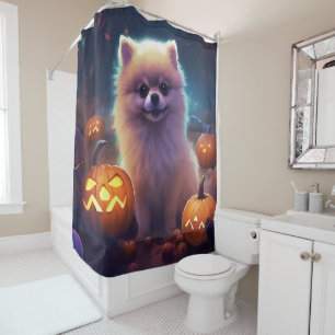 Gruseliger Halloween Pomeranian mit Kürbissen  Duschvorhang
