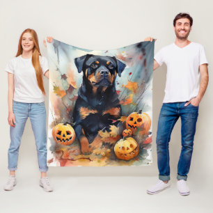 Gruseliger Halloween-Rottweiler mit Kürbissen Fleecedecke