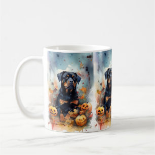 Gruseliger Halloween-Rottweiler mit Kürbissen Kaffeetasse