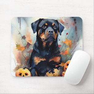 Gruseliger Halloween-Rottweiler mit Kürbissen Mousepad