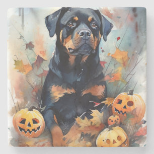 Gruseliger Halloween-Rottweiler mit Kürbissen Steinuntersetzer
