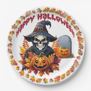 Gruseliger Halloween-Schamane mit Herbstlaub Pappteller