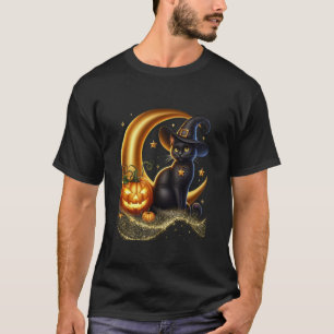 Gruseliger Halloween-Schwarze-Katze-Kürbis-Hexen-H T-Shirt