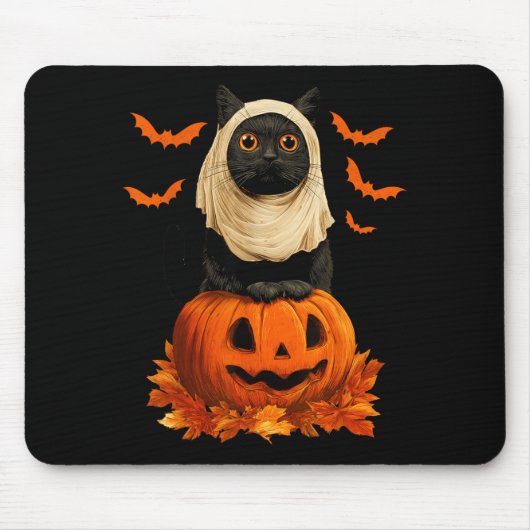 Gruseliger Halloween-Schwarzer-Katze-Geist-Kürbis- Mousepad (Vorne)