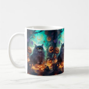Gruseliger Halloween-Sibirischer-Katze-Entwurf mit Kaffeetasse