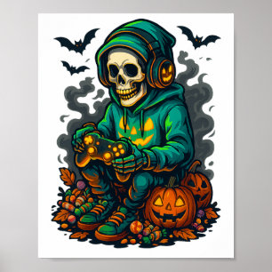 Gruseliger Halloween-Skelett-Gamer lustiger Video- Poster