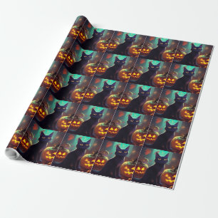 Gruseliger Halloween-Smoking-Katze mit Kürbissen Geschenkpapier