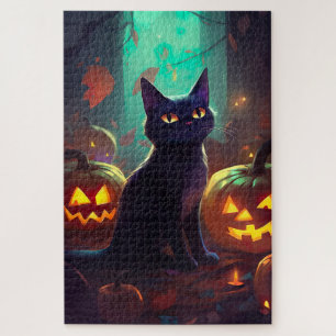 Gruseliger Halloween-Smoking-Katze mit Kürbissen Puzzle