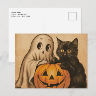 Gruseliger Halloween Vintage Geist schwarze Katze Postkarte