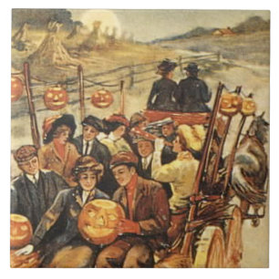 Gruseliger Heuwagen Jack O' Lantern Kürbismond Fliese