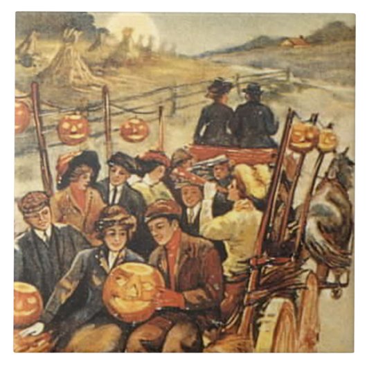 Gruseliger Heuwagen Jack O' Lantern Kürbismond Fliese (Vorderseite)