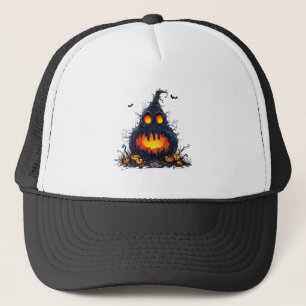 Gruseliger Jack O’Lantern-Kürbis mit leuchtenden A Truckerkappe