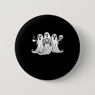 Gruseliger Kaffee schlürfender Kürbis haltend Button