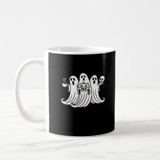 Gruseliger Kaffee schlürfender Kürbis haltend Kaffeetasse (Links)