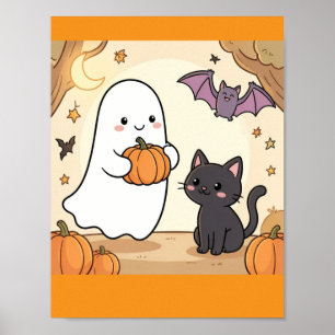 Gruseliger Kawaii-Geist Spaß mit schwarzer Katze Poster