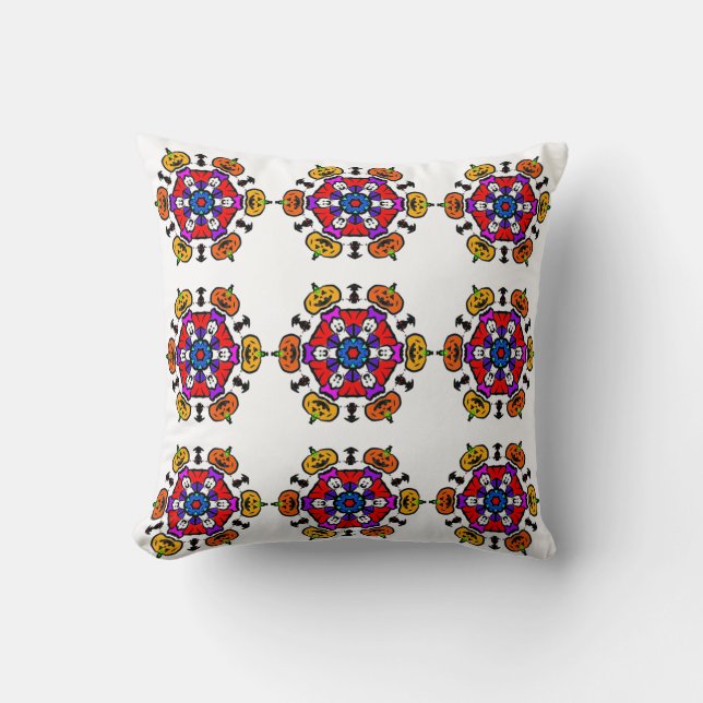 Gruseliger Kürbis-Mandala Kissen (Vorderseite)