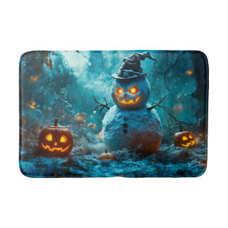 Gruseliger Kürbis und Schneemann, Halloween-Waldsz Badematte