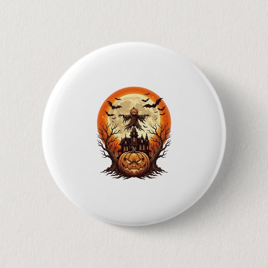 Gruseliger Kürbis Vogelscheuche Spukhaus Vollmond Button (Vorderseite)