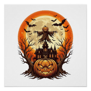 Gruseliger Kürbis Vogelscheuche Spukhaus Vollmond Poster