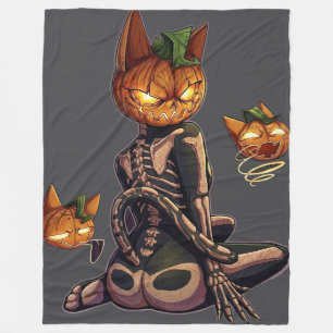 Gruseliger Kürbiskopf-Skelett-Katze Gothic Fleecedecke