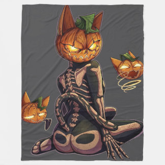 Gruseliger Kürbiskopf-Skelett-Katze Gothic Fleecedecke