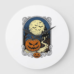 Gruseliger Kürbisszene Vintage Halloween Vektorgra Große Wanduhr