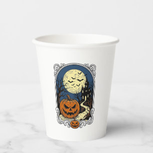 Gruseliger Kürbisszene Vintage Halloween Vektorkun Pappbecher