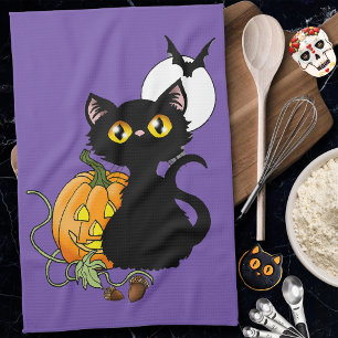 Gruseliger Lila Süßer Schwarzer Katze Halloween Kü Geschirrtuch