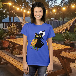Gruseliger Lila Süßer Schwarzer Katze Halloween-Kü T-Shirt