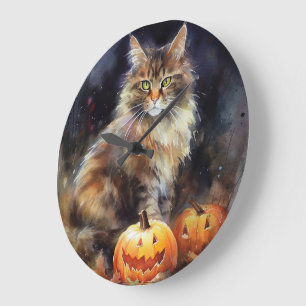 Gruseliger Maine Coon-Kater mit Kürbissen Hallowee Große Wanduhr
