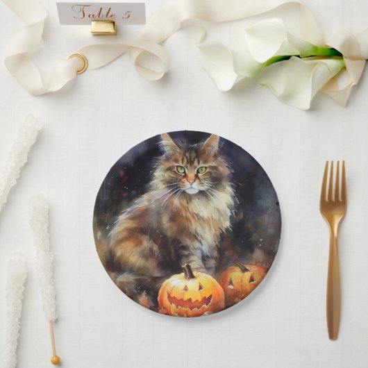 Gruseliger Maine Coon-Kater mit Kürbissen Hallowee Pappteller (Hochzeit)