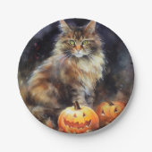 Gruseliger Maine Coon-Kater mit Kürbissen Hallowee Pappteller (Vorderseite)
