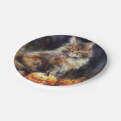 Gruseliger Maine Coon-Kater mit Kürbissen Hallowee Pappteller (Schrägansicht)