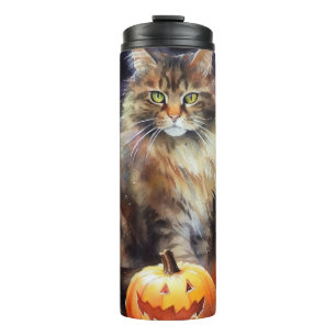Gruseliger Maine Coon-Kater mit Kürbissen Hallowee Thermosbecher
