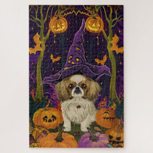Gruseliger Pekingese-Hund Halloween-Hexe und Kürbi Puzzle